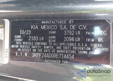 2024 Kia Forte Lxs from USA, damaged, VIN 3KPF24AD0RE714454